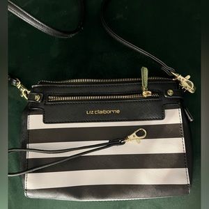 Liz Claiborne BLACK WHITE STRIPED Handbag Purse Crossbody Wristlet Shoulder